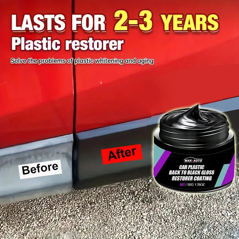 Car plastic back-to-black gloss restorer jar by Max Auto; before/after door panel restoration on a red vehicle.