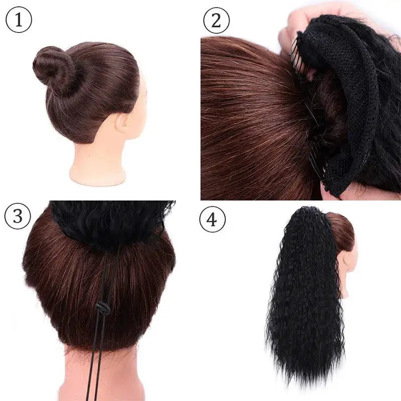 22 Inch Synthetic Kinky Curly Ponytail Hair Extension Drawstring Clip In Black For Women