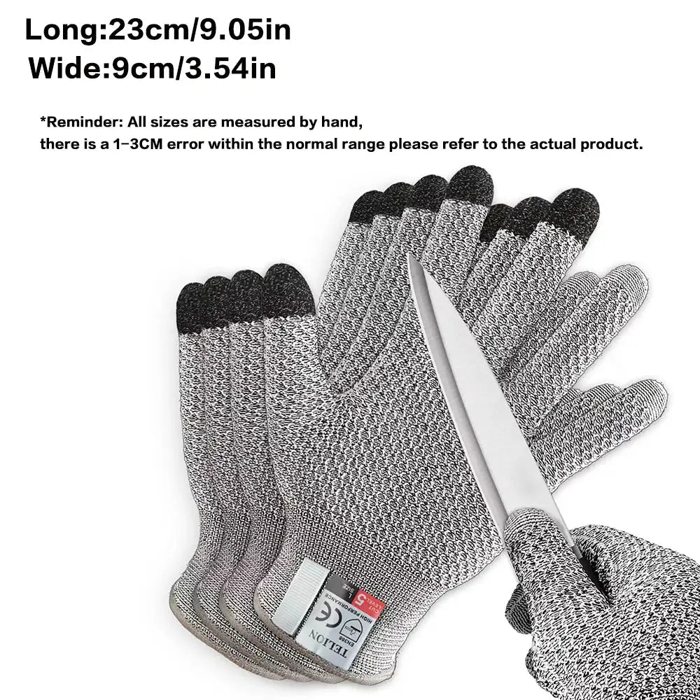 Simples Market anti-cut kitchen gloves, touchscreen-compatible, food-grade, 23 cm long, gray knitted mesh, multiple pairs shown