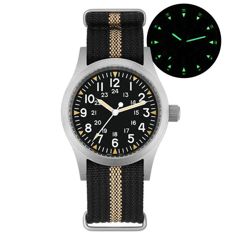 Militado ML05 38mm watch by Simples Market; black dial, silver case, black NATO strap with tan stripe.