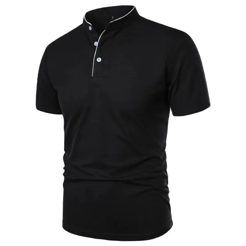 Men's black short-sleeve polo shirt by Simples Market with white piping and button placket