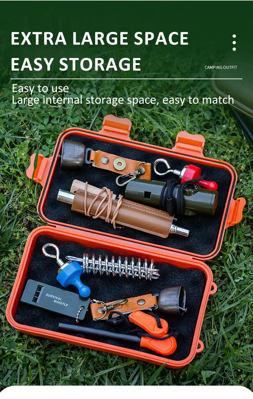 Survival storage box in orange, outdoor waterproof sealed case with camping gear and fishing tackle.