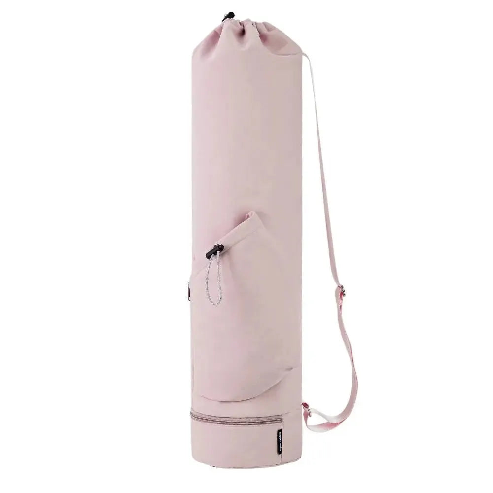 Pink yoga mat backpack with large capacity, adjustable shoulder strap, and front pocket