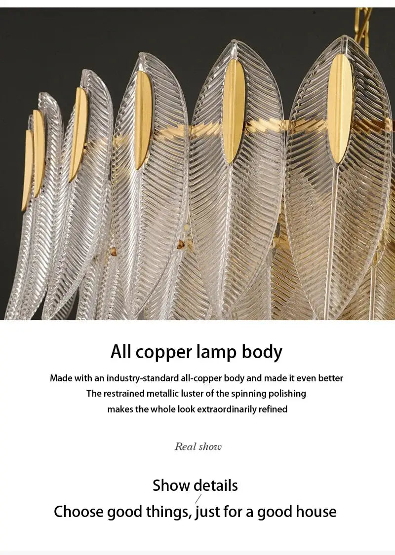Glass leaf pendant chandelier with clear ribbed glass and gold accents in Nordic designer style
