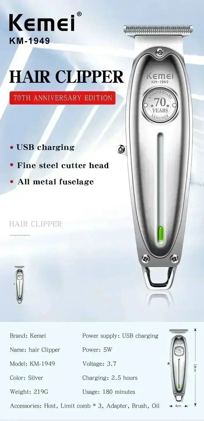 Kemei KM-1949 hair clipper; silver all-metal body with USB charging and green LED
