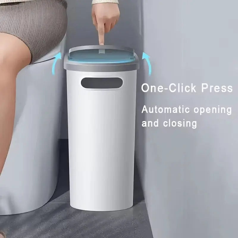 Bathroom trash can with lid, white plastic, large-capacity, press-type automatic opening.