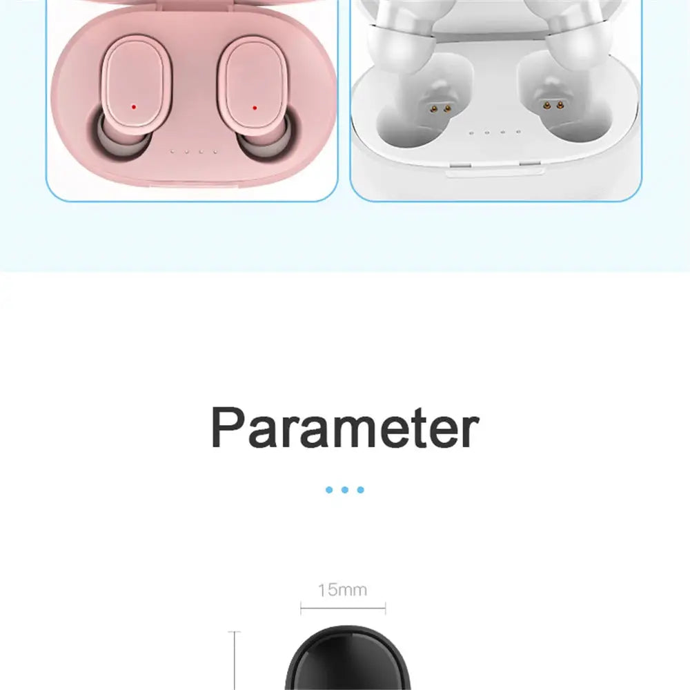 A6S wireless Bluetooth earphones by Simples Market; pink and white charging cases with LED display