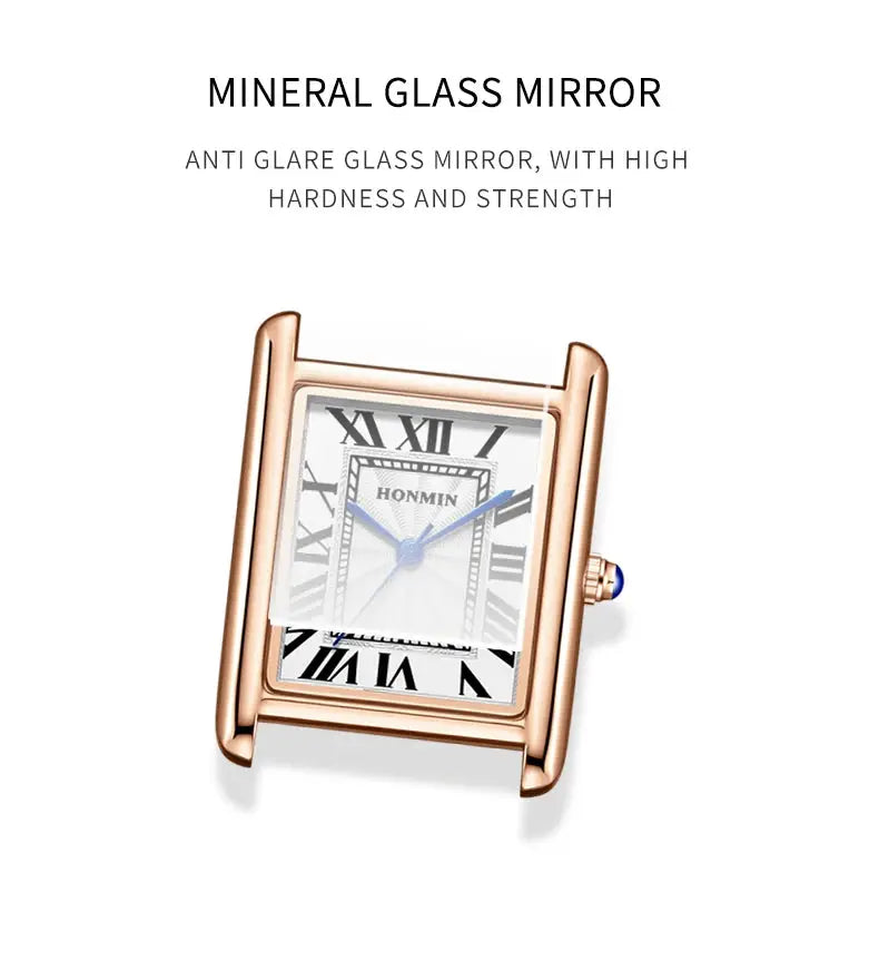 HONMIN rectangular rose-gold wristwatch with Roman numeral dial and blue hands