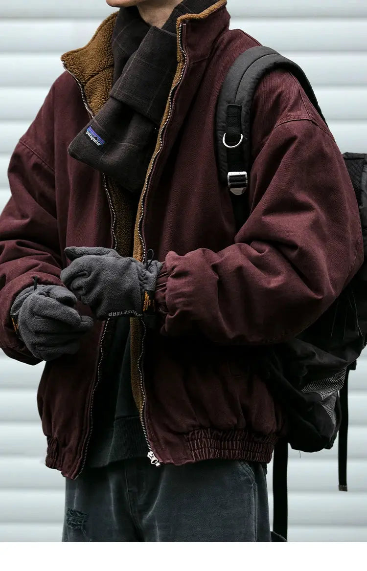 Japanese vintage polar fleece jacket for men, burgundy with brown sherpa lining, zip front, Simples Market