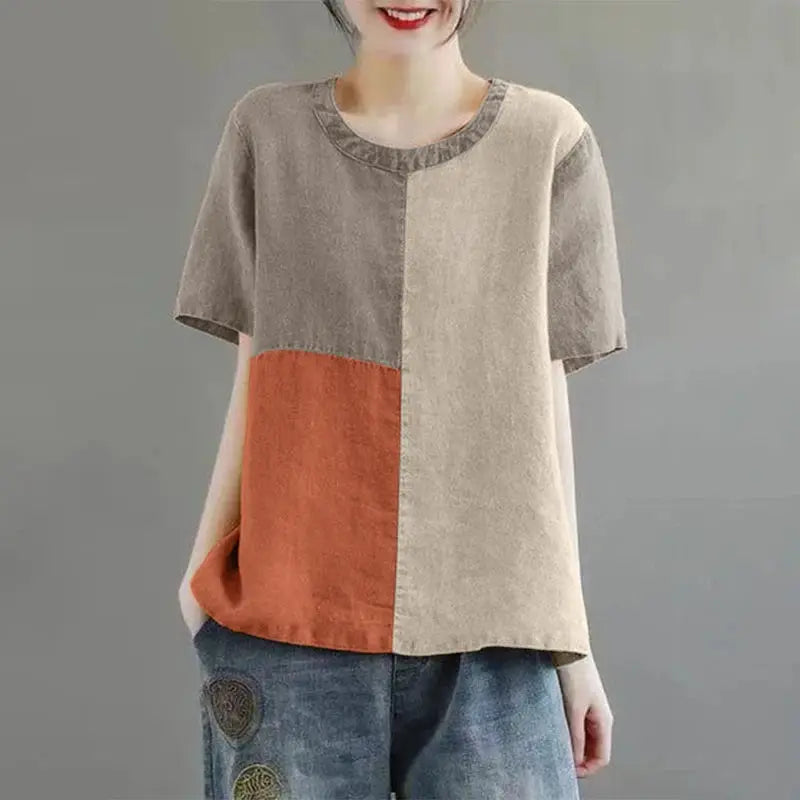 ZANZEA Women Patchwork Blouse Cotton Linen Short Sleeve Round Neck Top