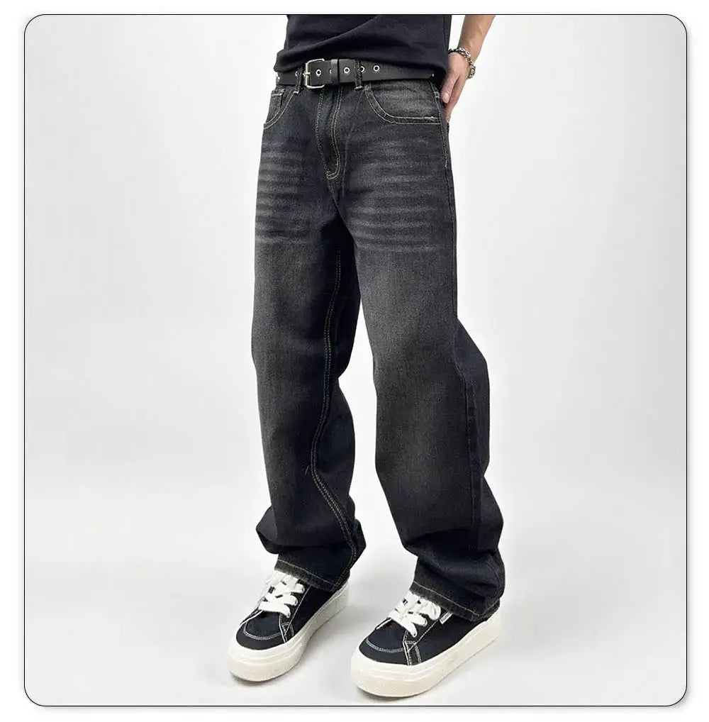 Men's black baggy straight-leg denim jeans with retro washed finish
