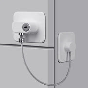 Child safety lock for cabinets and refrigerators; white plastic lock with braided steel cable