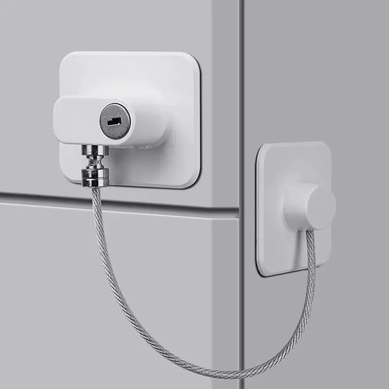 Child safety lock for cabinets and refrigerators; white plastic lock with braided steel cable