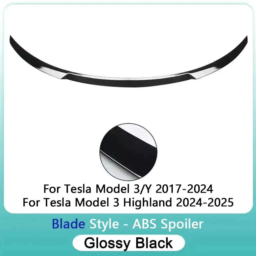 Tesla Model 3/Y blade-style ABS spoiler, glossy black, compatible with 2017–2024 Model 3/Y and 2024–2025 Highland