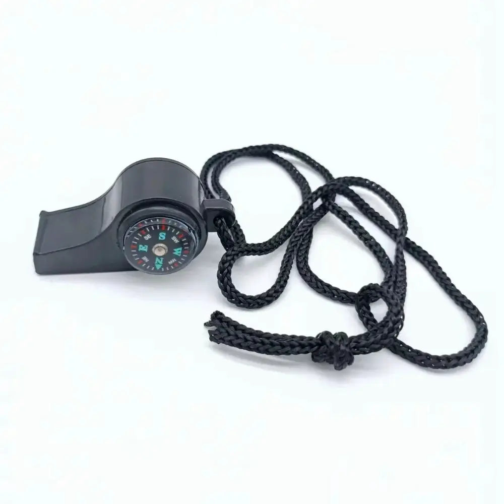 3in1 outdoor emergency whistle with compass and thermometer on braided black lanyard