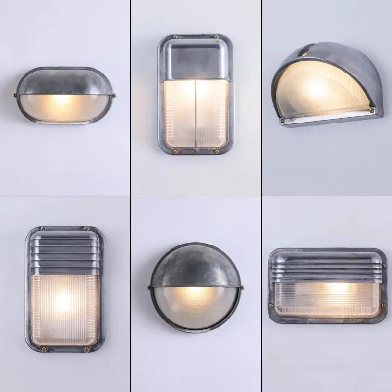 Outdoor retro LED wall lamp set (6 styles) in galvanized metal with glass diffusers; IP65 waterproof porch/garden sconces