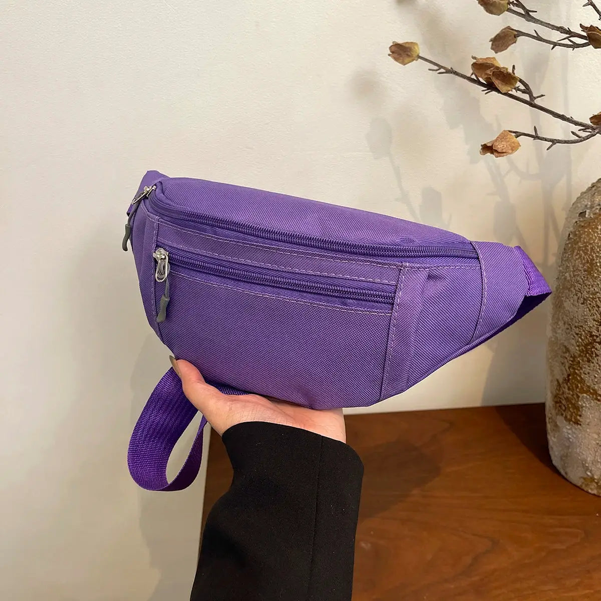 Fanny pack purple fabric with dual zip pockets and crossbody strap