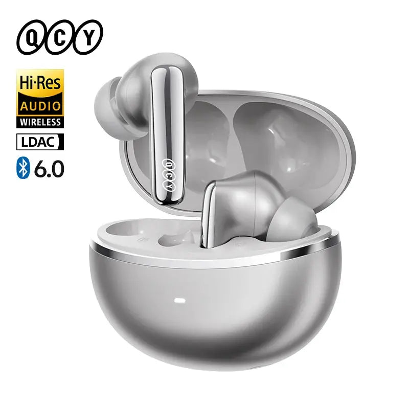 QCY MeloBuds N70 wireless earbuds in silver with charging case; Hi-Res LDAC, Bluetooth 6.0, QCY logo.
