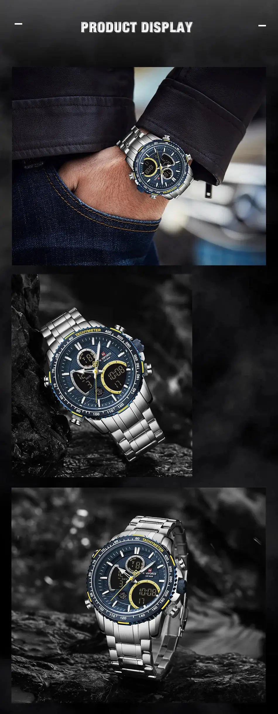 NAVIFORCE men's sport chronograph wristwatch with stainless steel band, blue dial; 3 watches shown
