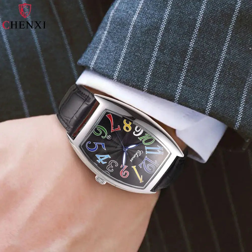 CHENXI men's watch with black leather strap, silver curved case, and colorful numbered dial.