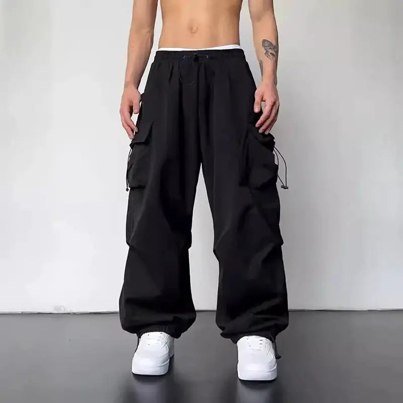 Men's casual cargo pants by Simples Market, black loose wide-leg cargo trousers with cargo pockets