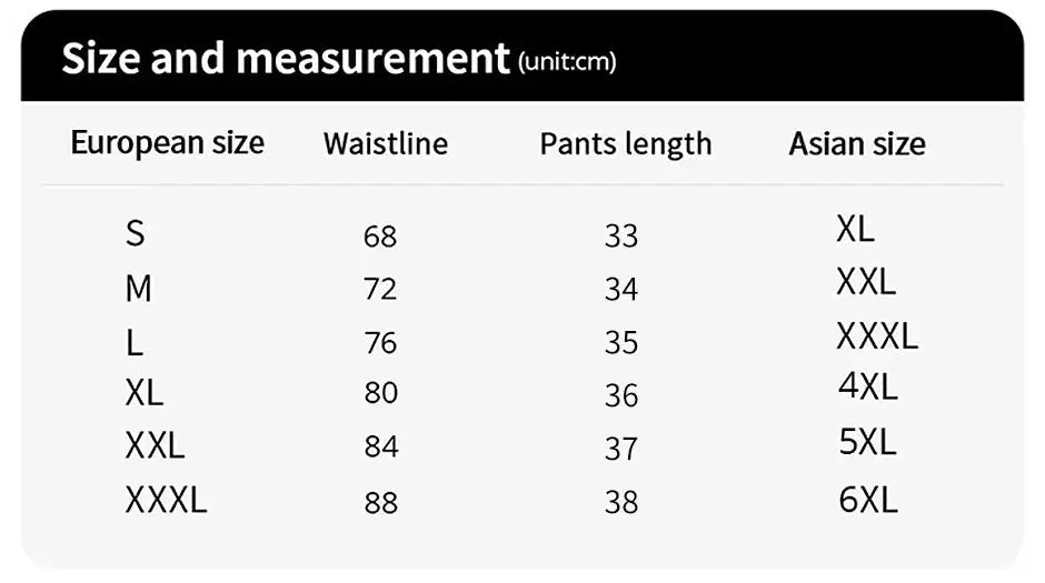 Men's underwear size chart by Simples Market showing waist and pants length in cm and European/Asian sizing.