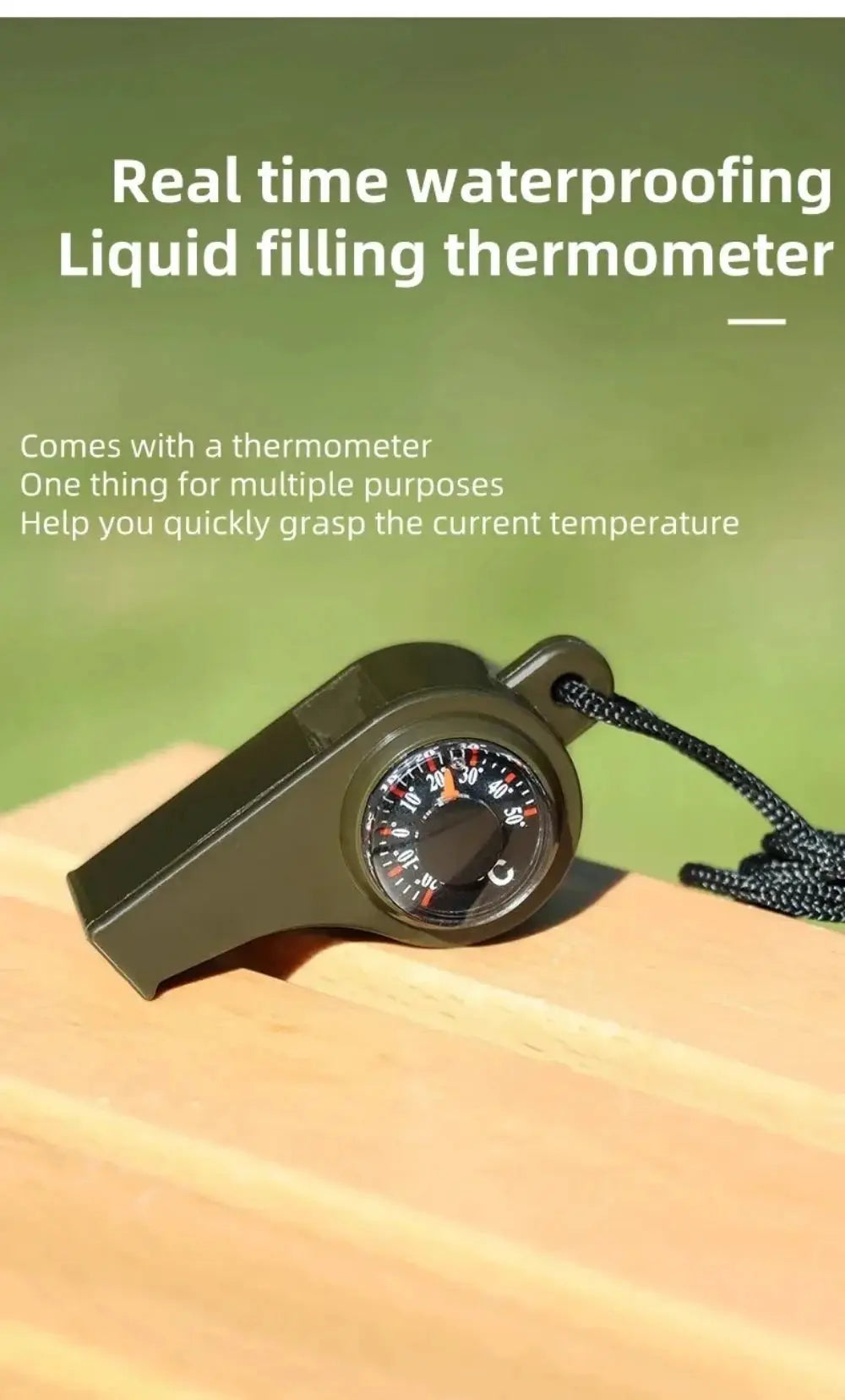 3in1 outdoor emergency whistle with compass and thermometer, olive green by Simples Market, corded.