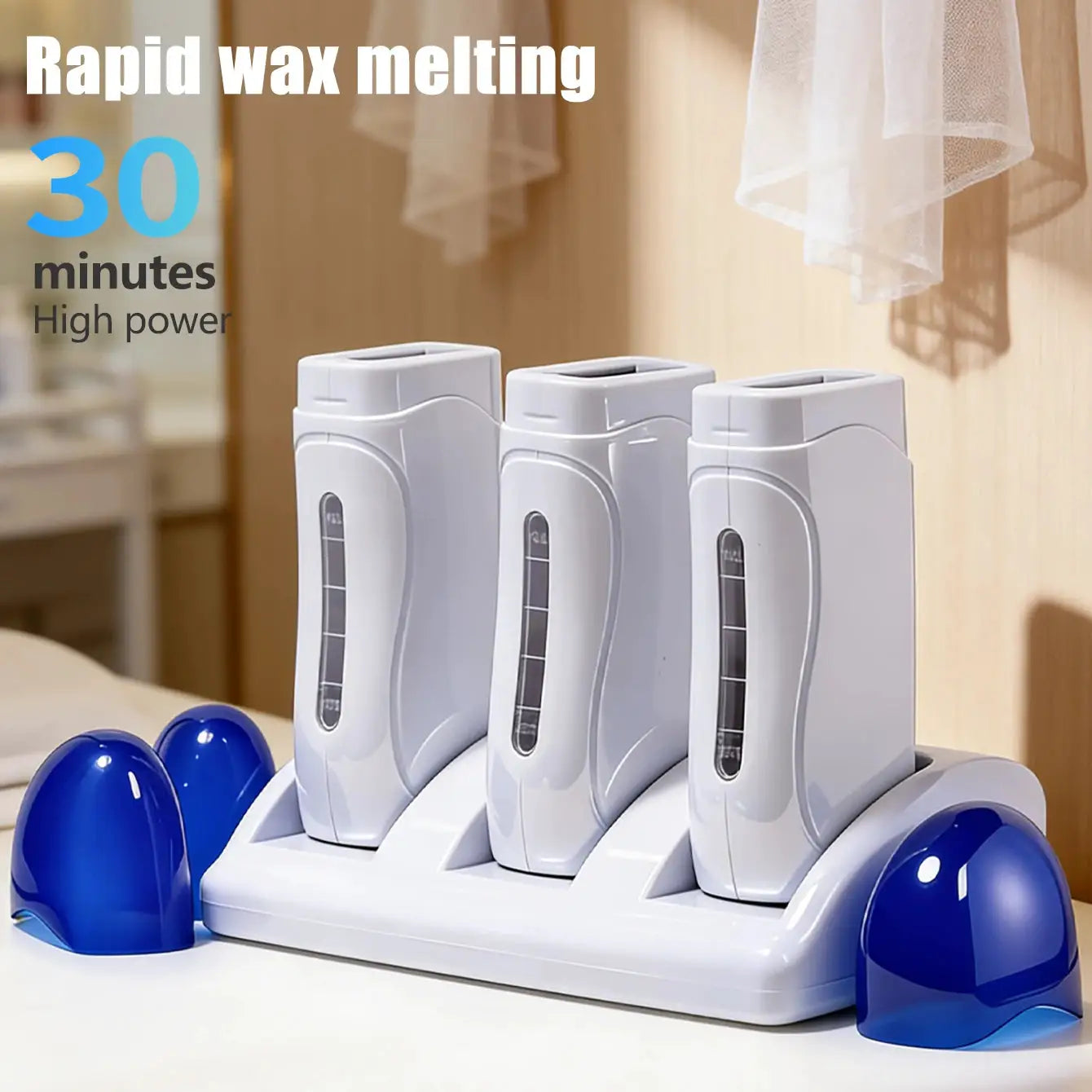 Roll-on wax warmers: three white machines on a white base with blue accents
