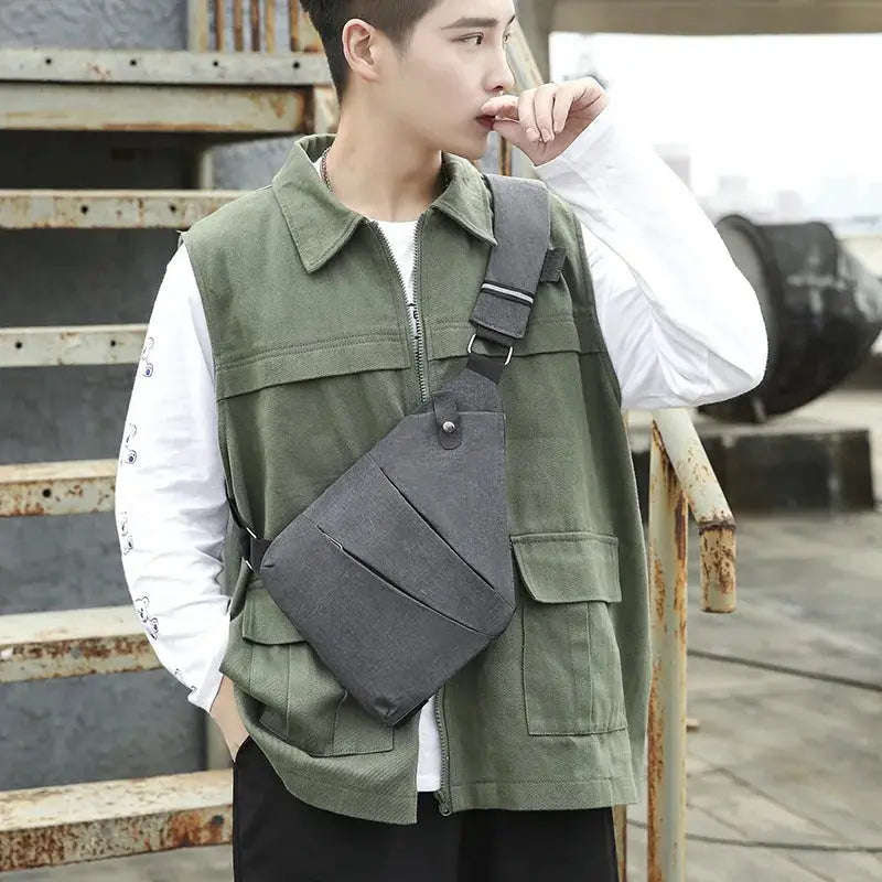 Simples Market gray canvas crossbody chest bag for men