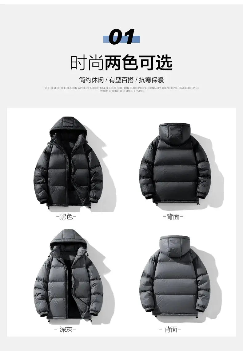 Simples Market men's hooded down jacket in black and dark gray; 90% white duck down, front and back views.