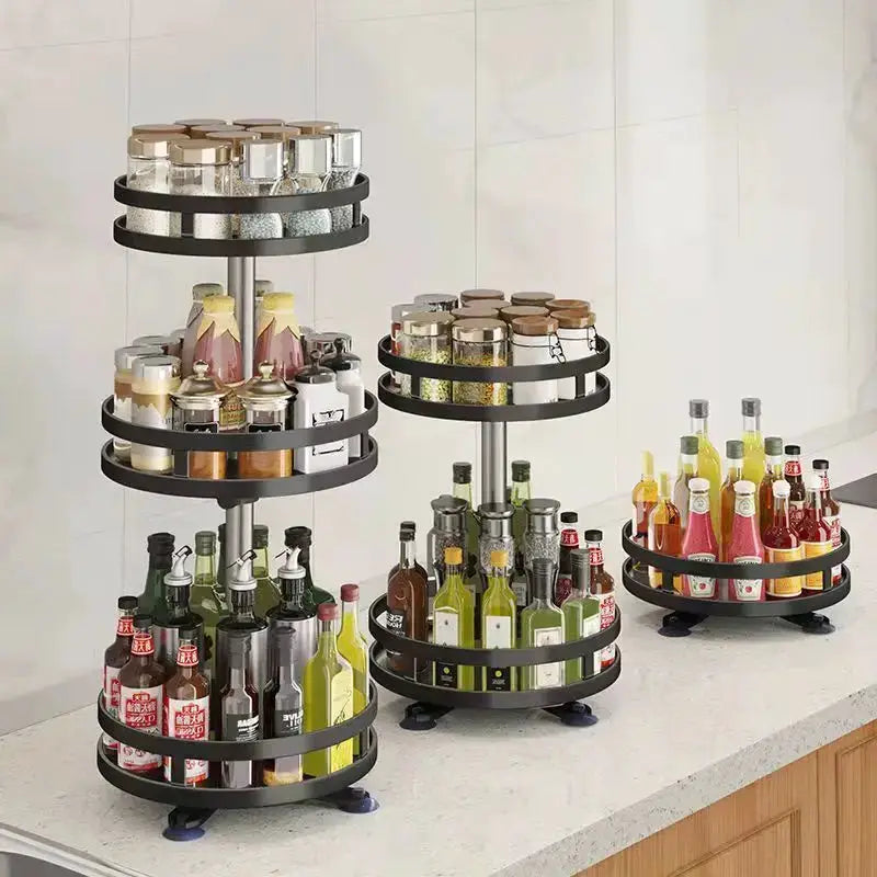 Simples Market black 360° rotating storage tower set for kitchen countertop; holds spices, sauces and bottles.