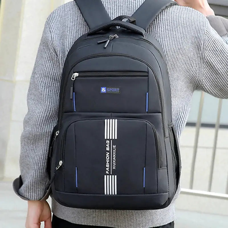 Fashion Minimalist Men’s Rucksack by Simples Market, black nylon backpack with multiple storage pockets.