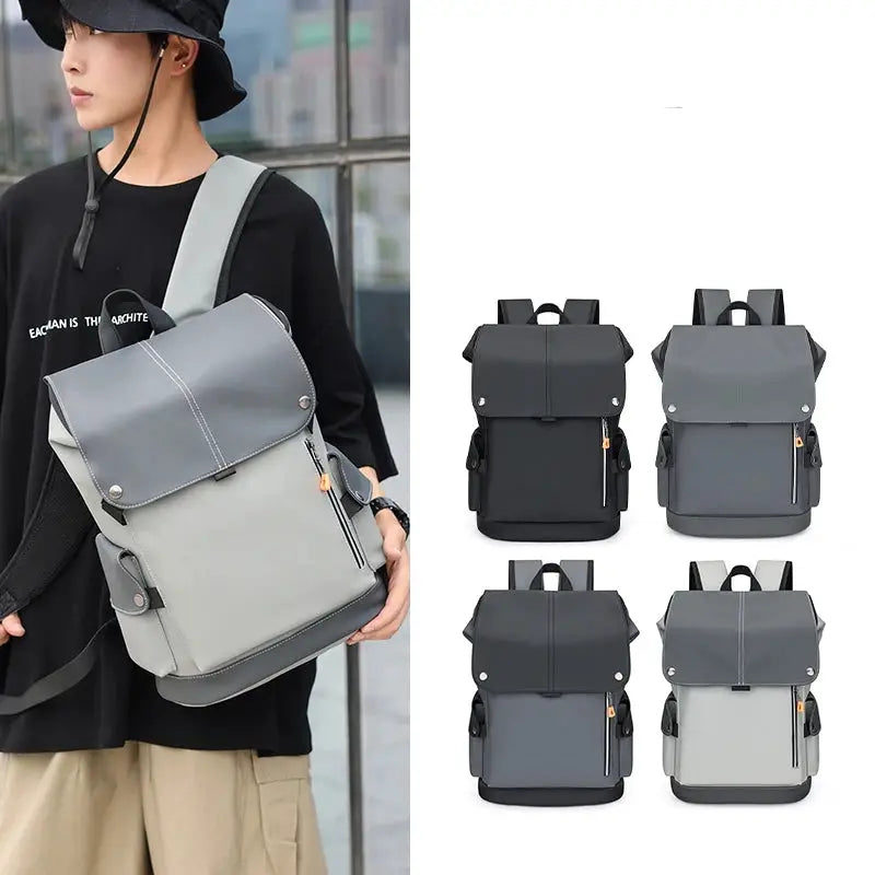 Simples Market USB charging urban man backpack, waterproof gray laptop rucksack with top flap; four color variants shown