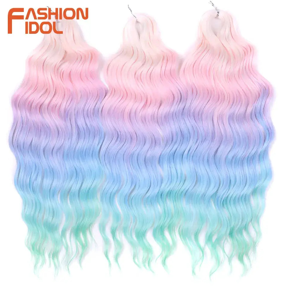 Anna 24in synthetic water-wave braiding hair extensions in pink to blue–green ombre, triple pack with Fashion Idol logo