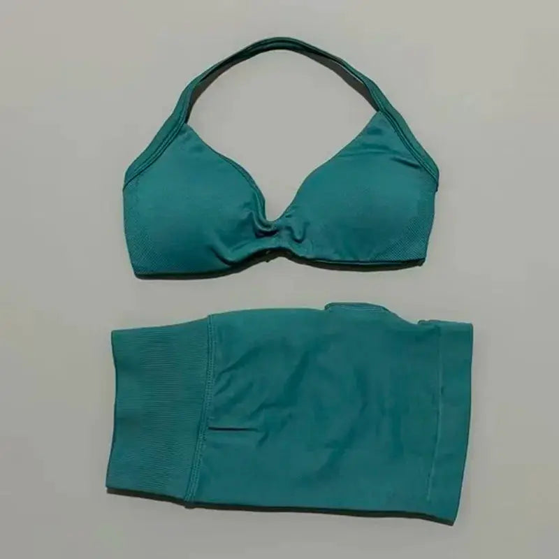 Histello 2 Piece Women Yoga Set Strappy Bra Top Scrunch Shorts