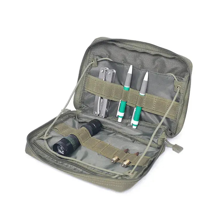 MOLLE pouch bag opened in olive green with pens, flashlight and tool slots for EMT outdoor emergency kit.