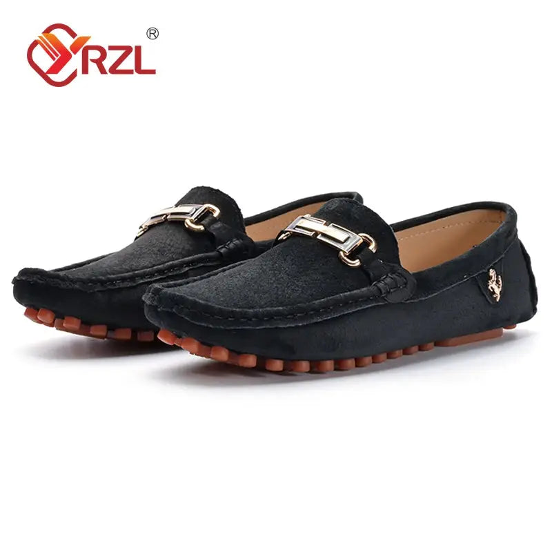 Loafers for men: black suede pair with gold horsebit, slip-on driving moccasins by YRZL