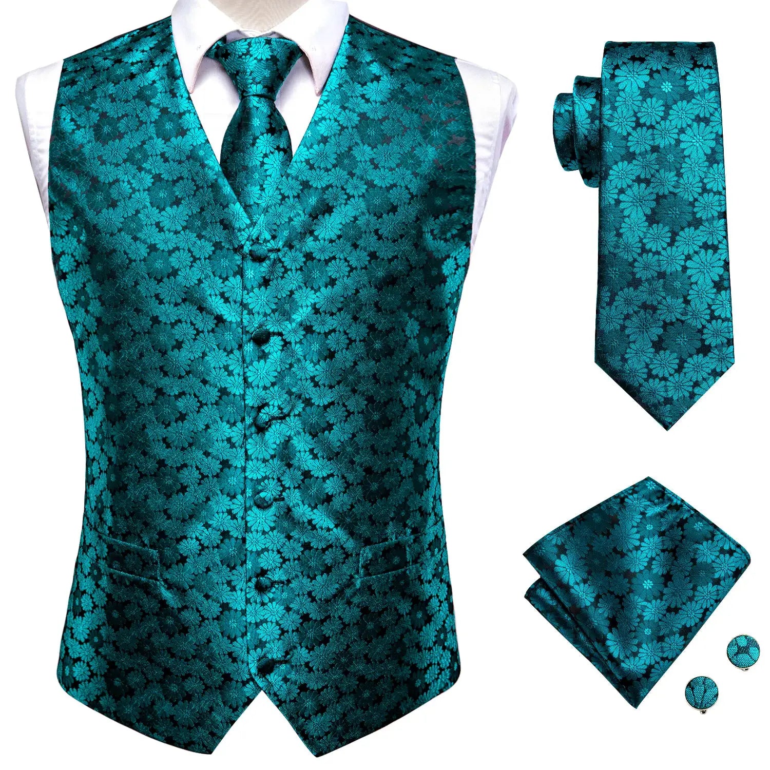 Men's teal floral waistcoat set with matching tie, pocket square, and cufflinks