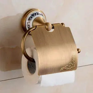 Toilet paper holder, Simples Market antique brushed brass with porcelain blue floral wall plate