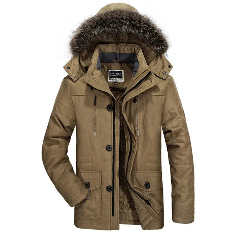 Men's tan hooded fur-collar long down parka with multiple pockets