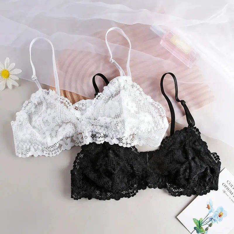 Lace bras white and black, two floral lace bralettes with adjustable straps