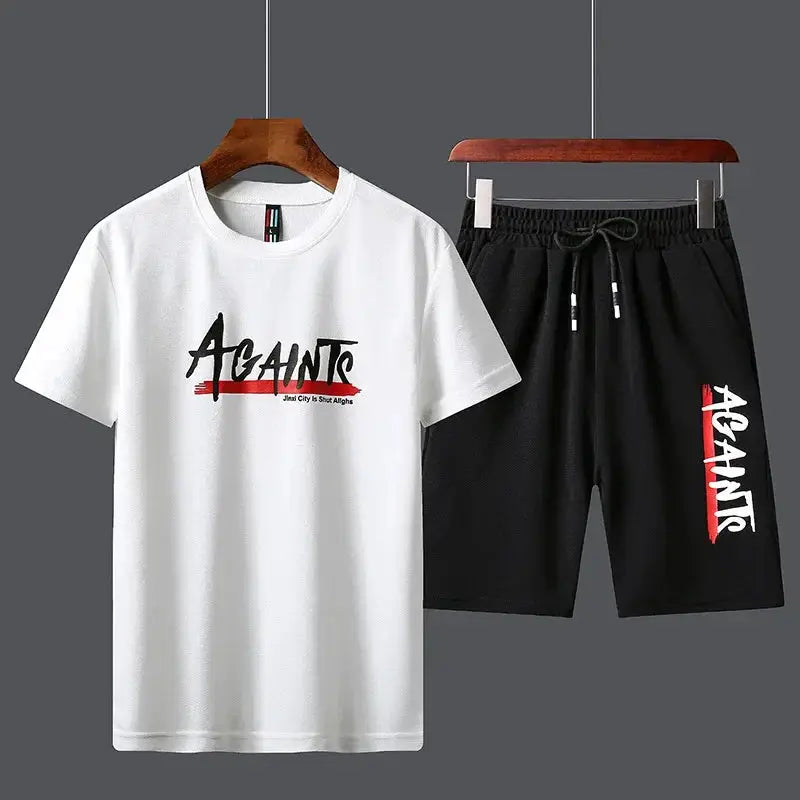 Two-piece men's outfit: white T-shirt and black shorts with Against graphic logo