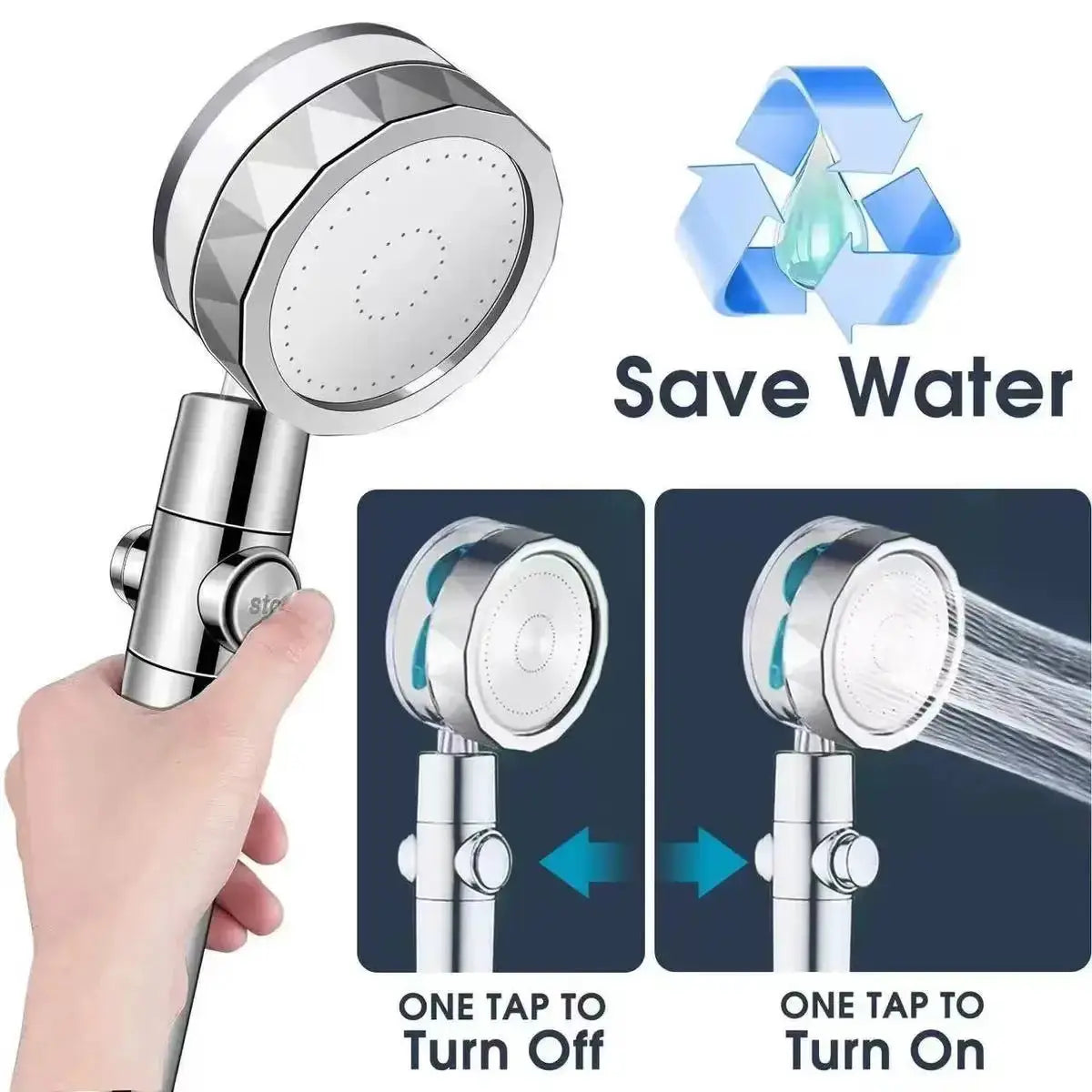 Simples Market chrome high-pressure handheld shower head with filter and one-click stop, water-saving spray.