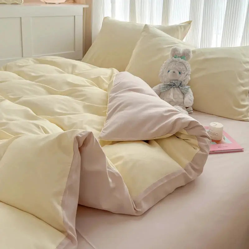 Simples Market 4-piece bed set with two-tone brush fabric duvet cover and pillowcases in cream and pink