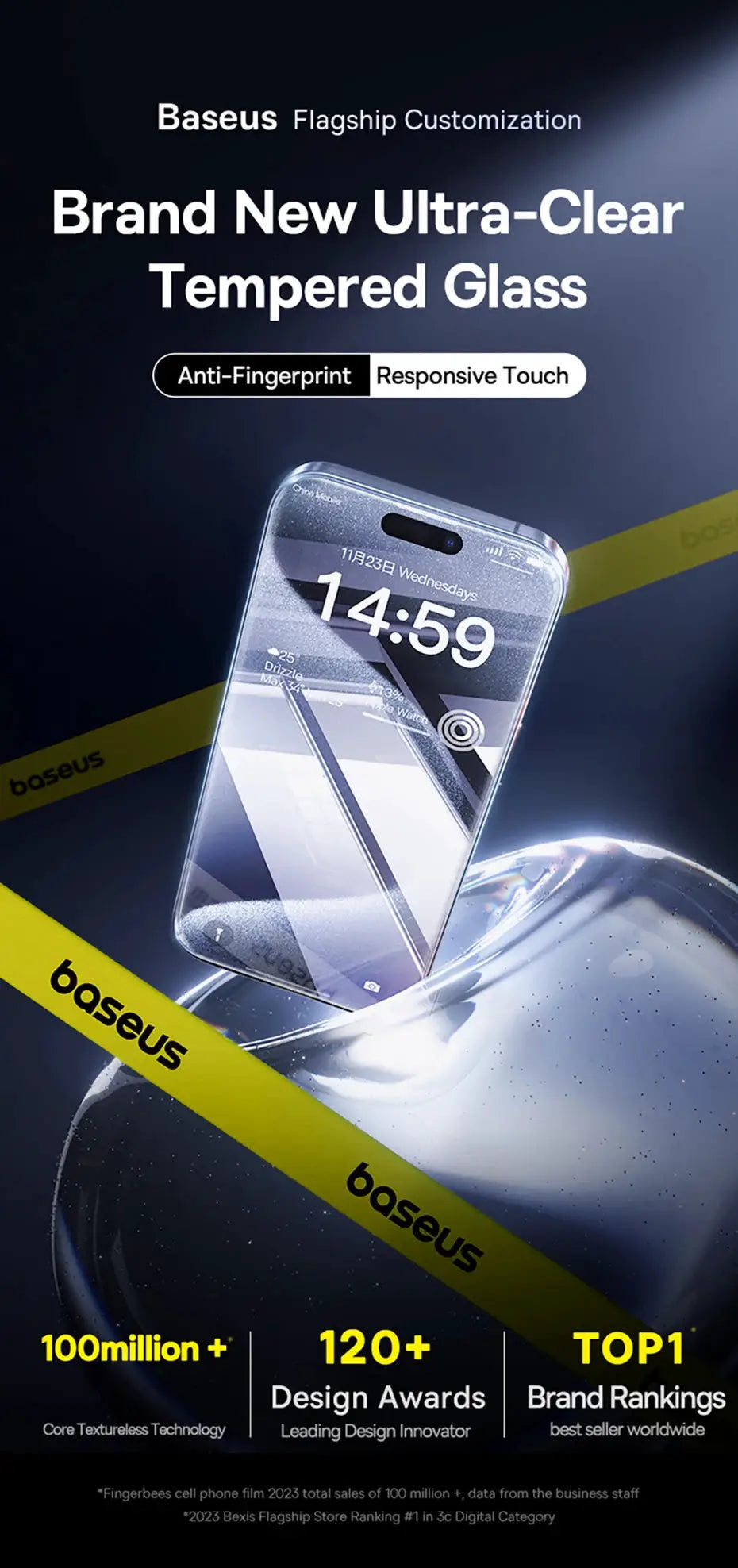 Baseus tempered glass screen protector for iPhone Pro Max models, clear edge anti-fingerprint film