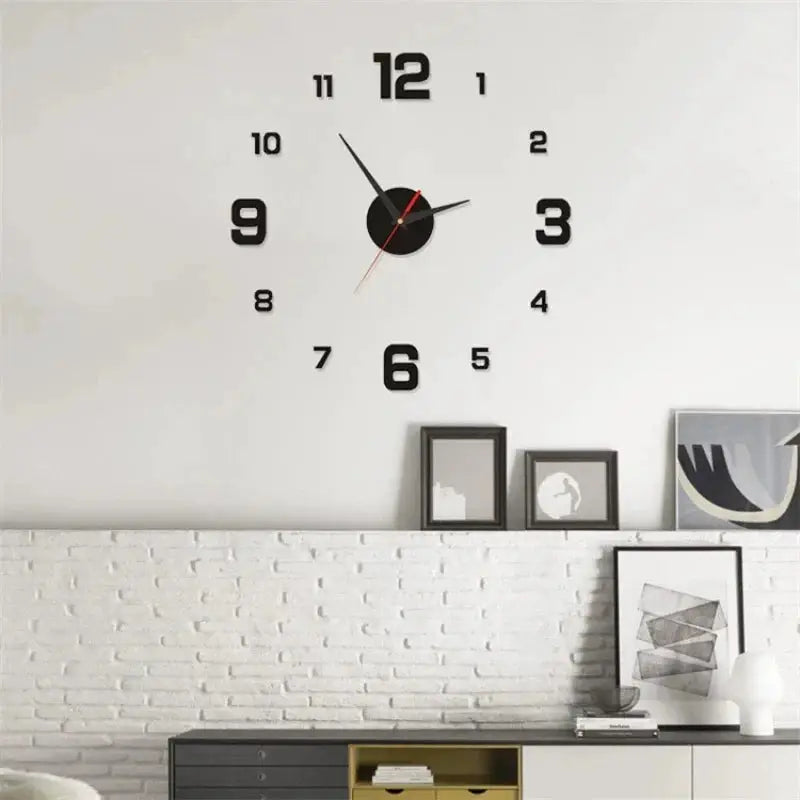Luminous DIY stereoscopic wall clock with large black numerals and a red second hand on a white living room wall
