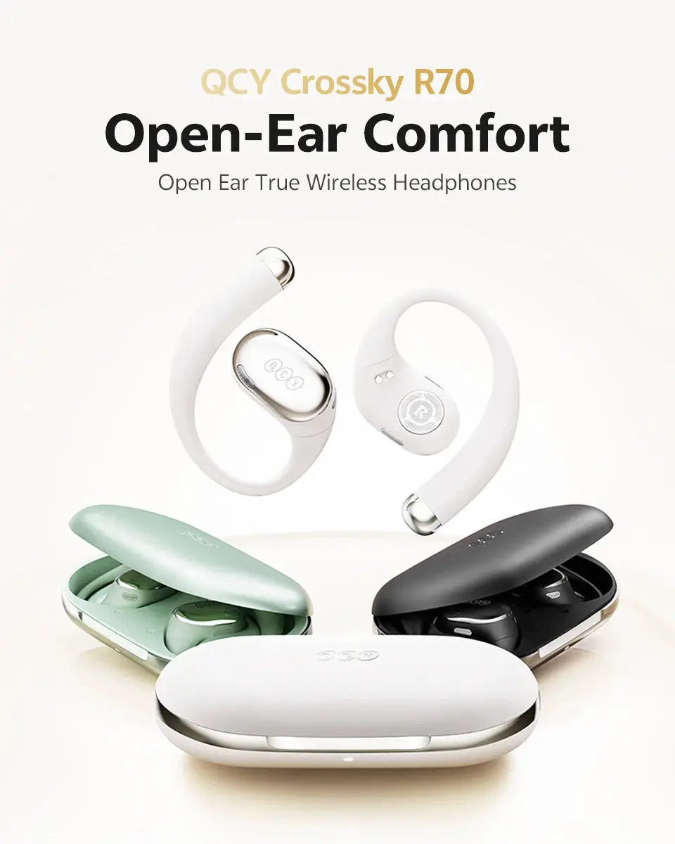 QCY Crossky R70 Open-Ear Wireless Headphones with charging case in white, mint green, and black
