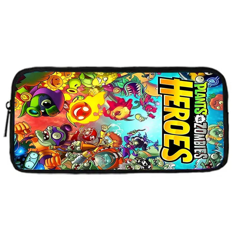 Pencil case with Plants vs Zombies design; colorful, zippered rectangular school accessory.
