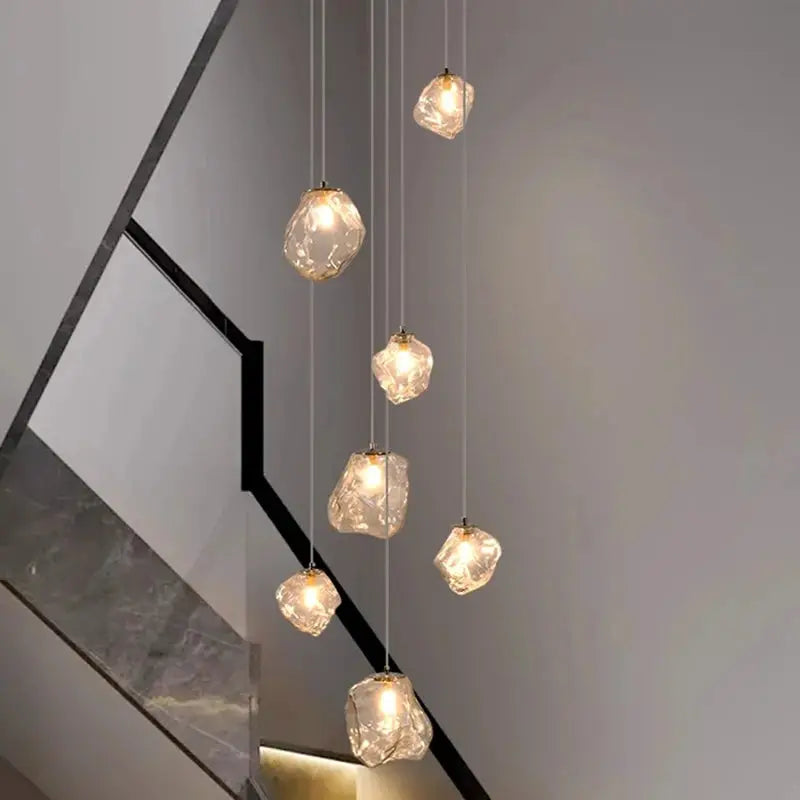 LED crystal pendant lights set for staircase, modern hanging lamps for living room decor