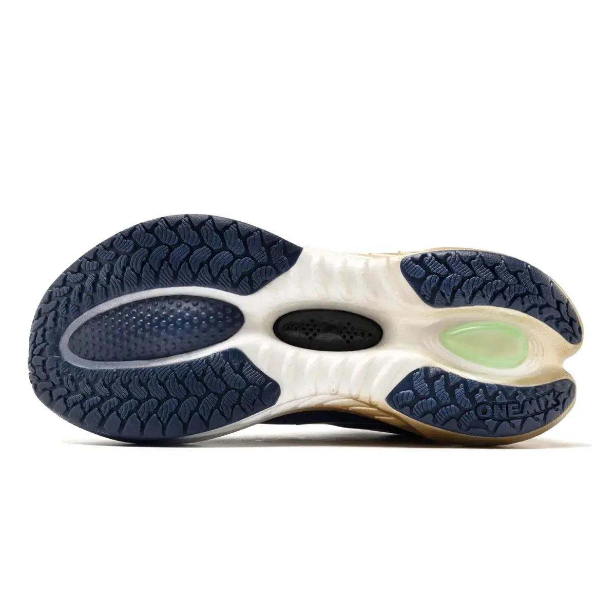 ONEMIX running shoes outsole in navy blue and cream with a green heel air unit